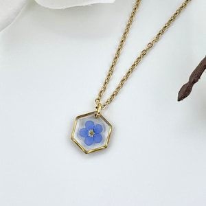 Blue Forget Me Nots Flower Resin Necklace, Hexagon or Circle, Gold Stainless Steel Cable Chain
