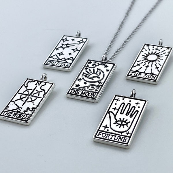 Silver Tarot Card Oracle Pendant Charm Necklace, Stainless Steel Cable Chain