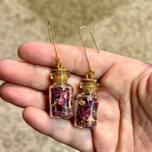 Real Pink Rose Petals Witchy Apothecary Bottle Earrings, Gold Plated Ear Posts