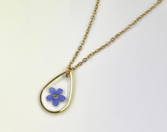 Puede incluir: Un collar de cadena dorada con un colgante en forma de lágrima que presenta una delicada flor de nomeolvides azul prensada en su interior.