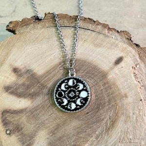 Moon Phases Black and Silver Charm Pendant Necklace, Stainless Steel Cable Chain