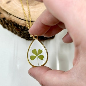 Puede incluir: Un collar dorado con un colgante en forma de lágrima. El colgante encierra un trébol de cuatro hojas conservado en resina transparente sobre un fondo blanco. El collar está suspendido de una cadena dorada.