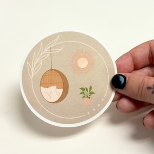 Boho Chair Swing, Plant, and Sun Mirror Scene Matte Vinyl Sticker, 3 x 3 inches