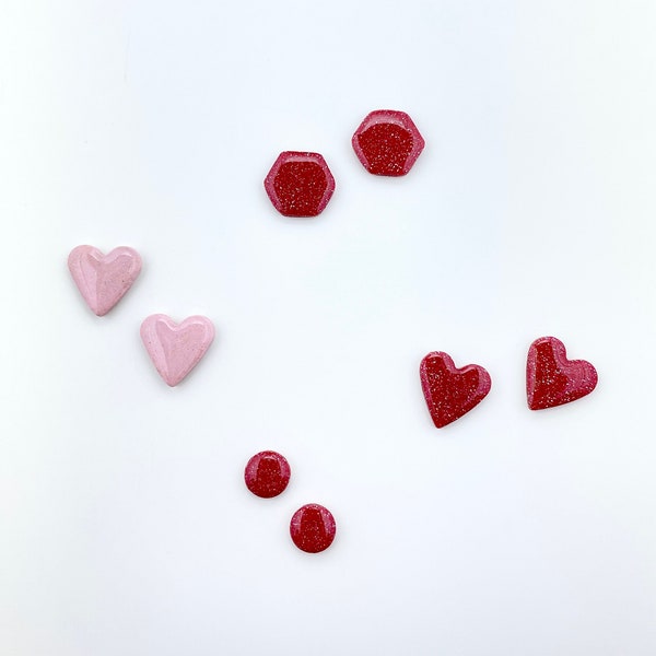 Valentine's Day Heart, Hexagon, or Circle Polymer Clay Stud Earrings, Glitter, Red and Pink, Resin Coated, Stainless Steel Ear Posts