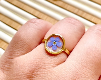 Real Blue Forget Me Not Flower in Resin, Circle Hollow Frame Rings, Gold Plated Sterling Silver