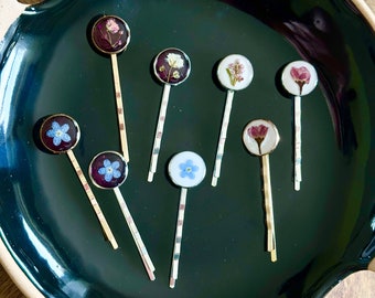 Real Botanical Flower Hair Pins, Resin, Gold or Silver Plated