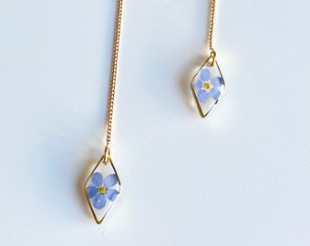 GOLD oder SILBER Blau Vergissmeinnicht Einfädler Ohrringe, 1 Paar, Harz, Vergoldete oder Versilberte Einfädler