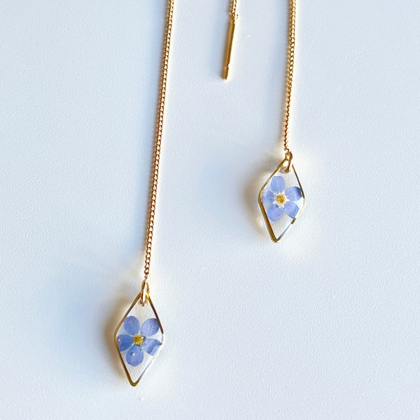 GOLD or SILVER Blue Forget Me Nots Threader Earrings, 1 Pair, Resin, Gold or Silver Plated Threaders