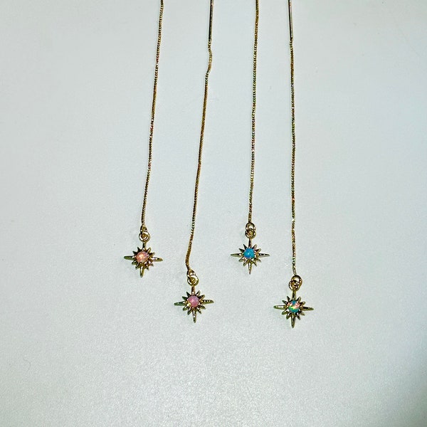 Pink or Mint Green Opal Star Gold Threader Earrings, Gold Plated
