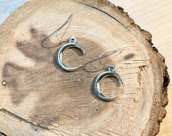 Silver Crescent Moon Dangle Charm Earrings, Silver Plated Ear Wire