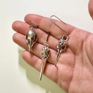 Bird Skull Dangle Earrings: Silver Plated, Folklore Oddities