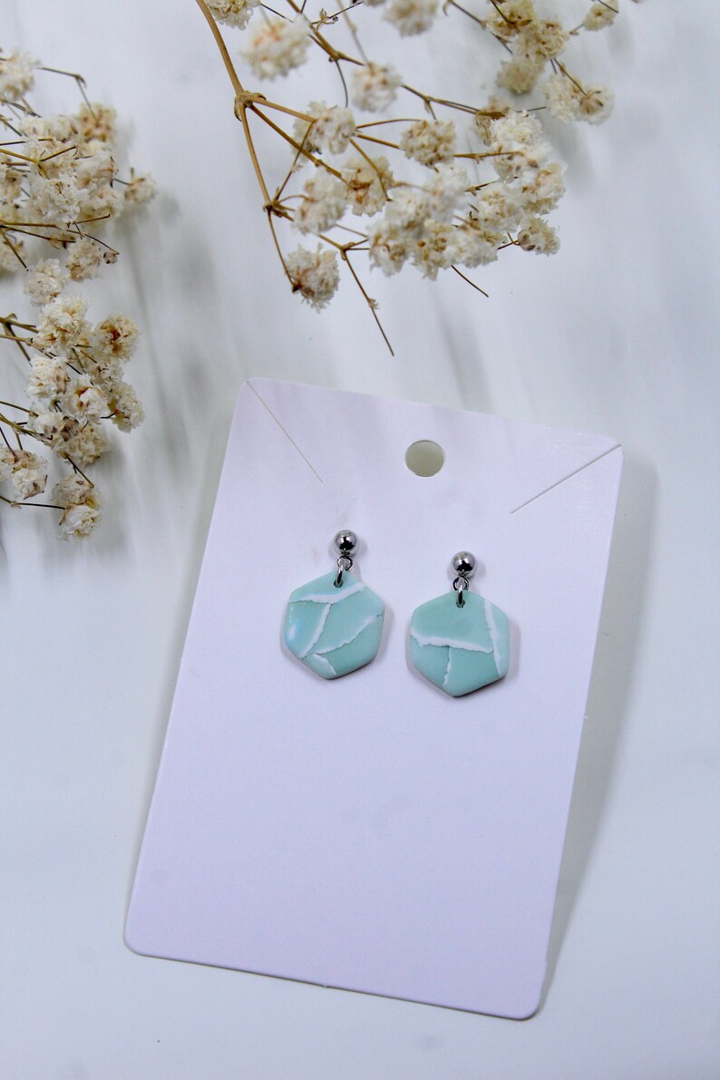 Mint Blue Watercolour Effect Polymer Clay Drop Earrings Silver Plated Ear Posts