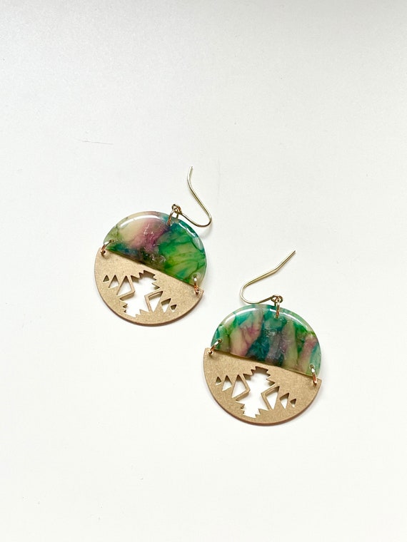 Translucent Polymer Clay Aztec Watercolour Effect Dangle Earrings, Resin Coated, Gold Plated Ear Wire