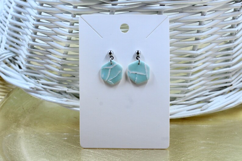 Mint Blue Watercolour Effect Polymer Clay Drop Earrings Silver Plated Ear Posts