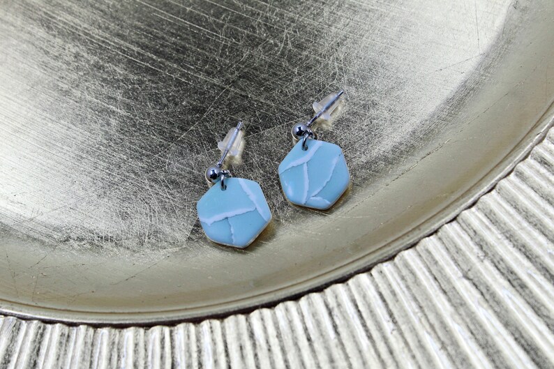 Mint Blue Watercolour Effect Polymer Clay Drop Earrings Silver Plated Ear Posts