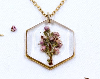 Real Handpicked From Scotland Heather Resin Necklace: Scottish Highlands Floral Pendant, Gold Plated