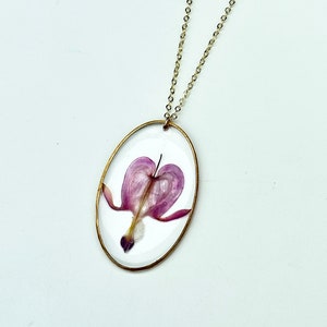 Pink Bleeding Hearts Flower Resin Pendant Necklace, Gold Plated Stainless Steel Cable Chain