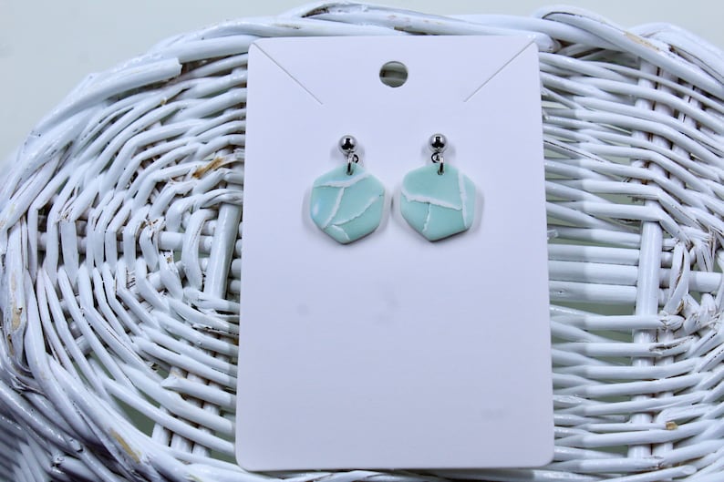 Mint Blue Watercolour Effect Polymer Clay Drop Earrings Silver Plated Ear Posts
