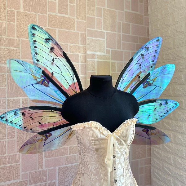 Light blue iridescent cicada wings for cosplay, Bee wings, Ren fairy wings, Costume accesories, Wings photo prop, Fantasy wings