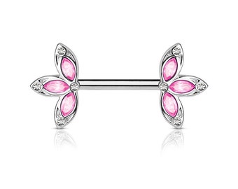 Pink or Clear Crystal Half Petal Flower Ends 316L Surgical Steel Nipple Barbells