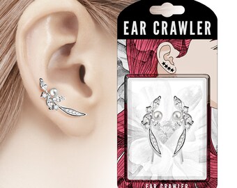 Pair of Paved CZ and Pearl Feather Prepacked Ear Crawler/Ear Climber