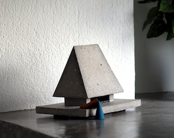 Abstract Architectural Sculpture “incense temple burner P-S”, concrete table top sculpture, brutalist art, artistic decor, unique home decor