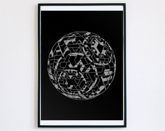 Fractured Sphere Abstract Architectural Poster, brutalist art, concrete wall décor, futuristic illustration,  digital download, sci-fi art