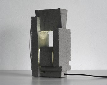 Takamatsu I, concrete monolithic light sculpture, handmade one-off light fixture, desk lamp, window lamp, table lamp.