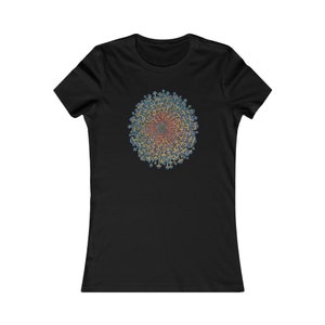 May include: Black women's fitted t-shirt with a colorful mandala design featuring a repeating pattern of mushrooms.