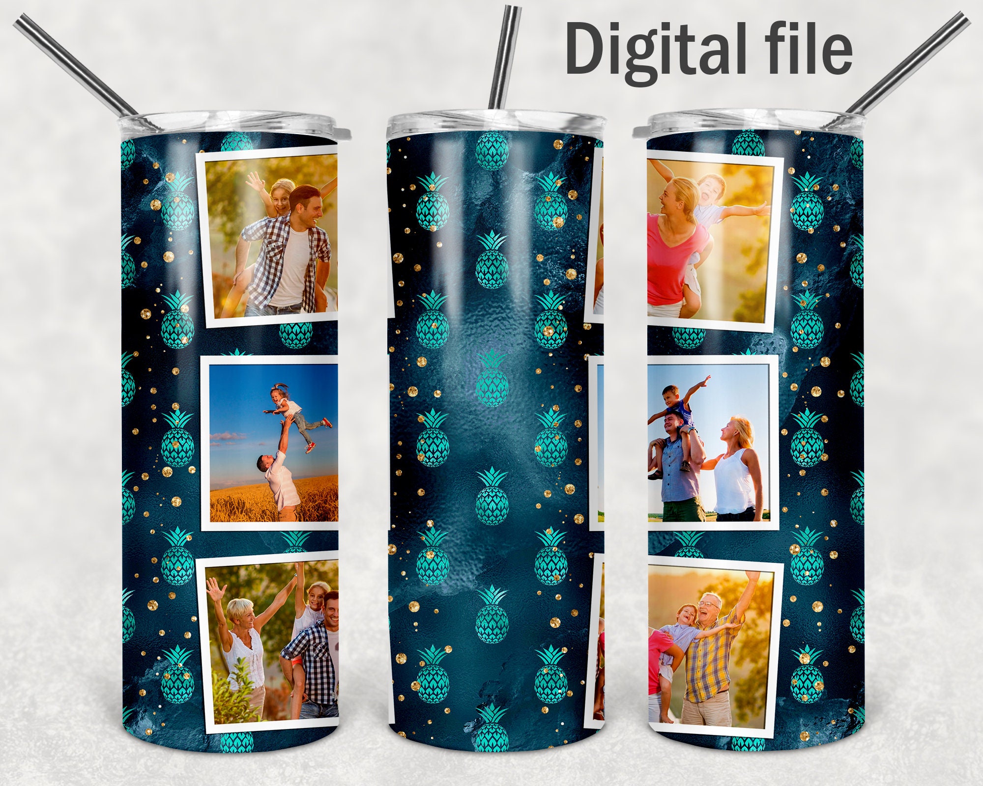 Green tumbler template with 6 photo picture Png file for Etsy