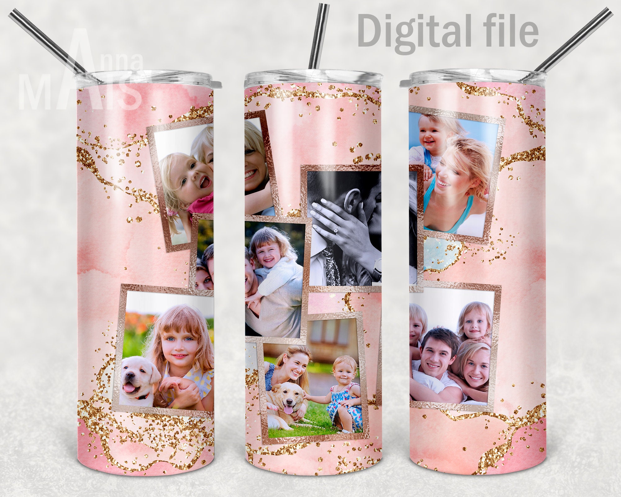 Tumbler template with photo collage Rose gold seamless Etsy
