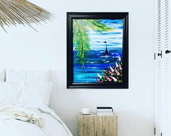 Rustig zeil bij zonsondergang– Origineel acrylschilderij op papier |  11*14 kunst