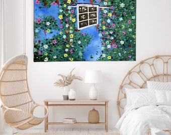 Durch das Fenster- Blumen Ölgemälde: Bunte Blumen, Blauer Hintergrund, 40 * 30 Zoll
