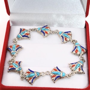 Sterling Silver Lotus Flower Bracelet: Turquoise, Lapis & Red Enamel, Egyptian Jewelry