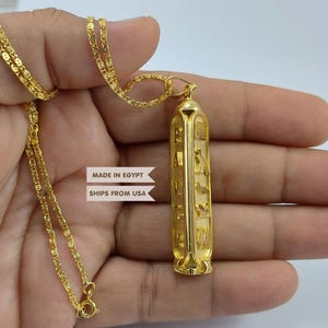 Personalized Sterling Silver Cartouche Necklace Egyptian Jewelry gift Gold Plated Hieroglyphic English Arabic - 3-sides