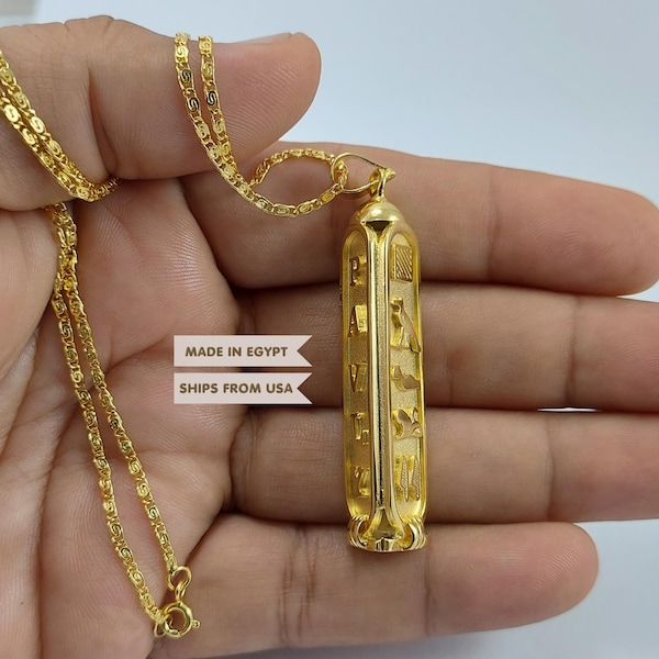 Personalized Sterling Silver Cartouche Necklace Egyptian Jewelry gift Gold Plated Hieroglyphic English Arabic - 3-sides