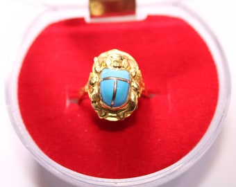 Egyptian Blue Scarab Gold 18K Ring Stamped Charm Pharaonic 2.3 Gr all sizes Scarab Ring Egyptian jewelry handmade jewelry