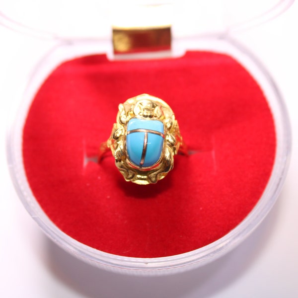 Egyptian Blue Scarab Gold 18K Ring Stamped Charm Pharaonic 2.3 Gr all sizes Scarab Ring Egyptian jewelry handmade jewelry