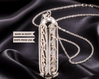 Personalized Sterling Silver Cartouche Name Necklace Custom Egyptian jewelry Hieroglyphic, Arabic, or English 4-sides
