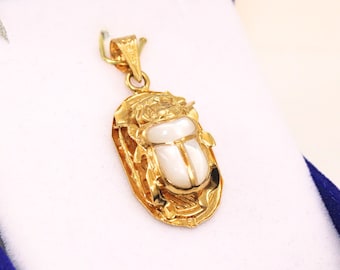 Unique Egyptian White Scarab Pendant 18K Gold Stamped Pharaonic real Gold Pendant Scarab Beetle Pendant Handmade Egyptian jewelry 2.3gr