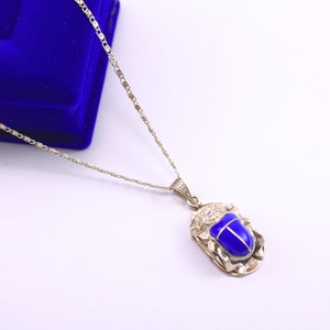 Egyptian Jewelry blue Scarab Silver Necklace, Sterling Silver Scarab Pendant Scarab Beetle Necklace, Handmade Ancient Egyptian Jewelry Gift
