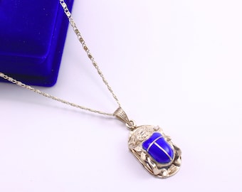 Blue stone Scarab Necklace Sterling Silver Egyptian Jewelry Beetle bug Pendant Handmade pharaonic Gift