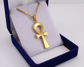 Egyptian Jewelry Egyptian Ankh Necklace, Egyptian Ankh Pendant, Sterling Silver Gold plated Ankh Cross Key of Life , Revival Ankh Pendant