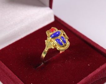Egyptian Red Blue Scarab Gold 18K Ring Stamped Pharaonic 3.3 Gr all sizes Egyptian Ring Scarab Ring Pharaonic jewelry