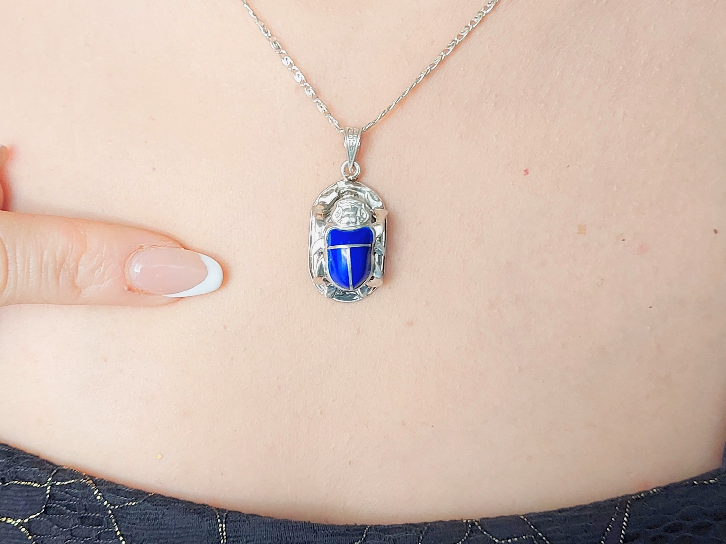 ブルーストーンスカラベネックレススターリングシルバーエジプト