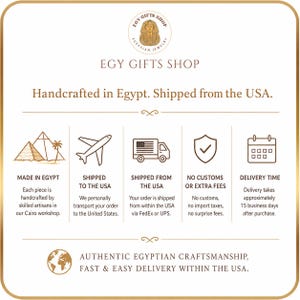 May include: An informational graphic for Egy Gifts Shop featuring a logo with a pharaoh icon, text detailing handcrafted Egyptian jewelry, and five icons representing pyramids, an airplane, a delivery truck, a shield with a checkmark, and a calendar.