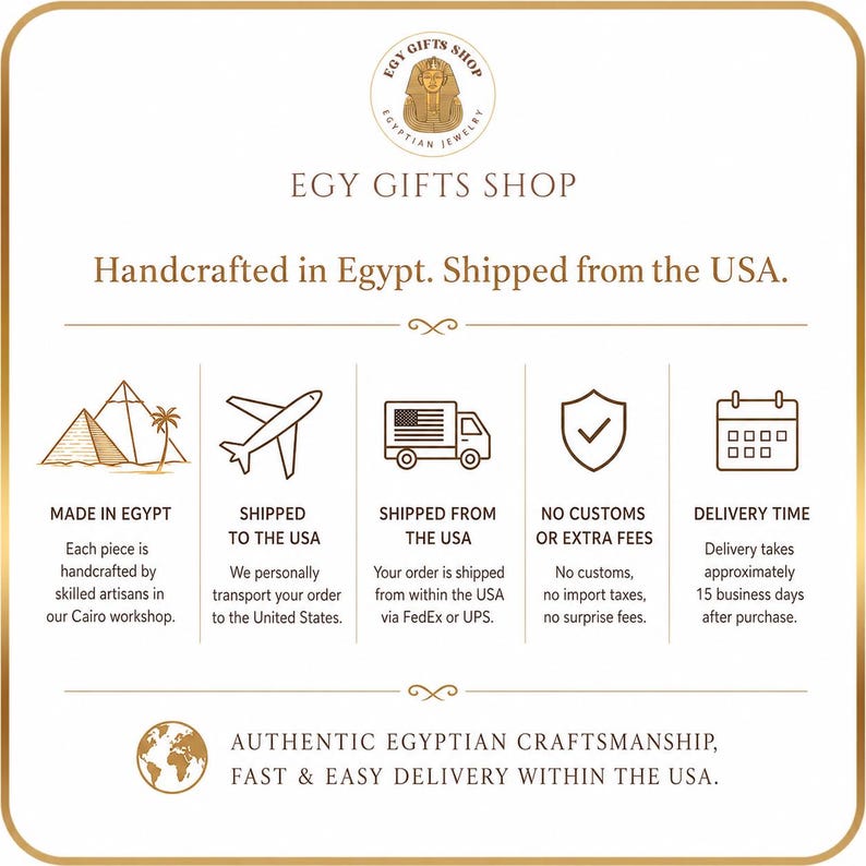 May include: An informational graphic for Egy Gifts Shop featuring a logo with a pharaoh icon, text detailing handcrafted Egyptian jewelry, and five icons representing pyramids, an airplane, a delivery truck, a shield with a checkmark, and a calendar.