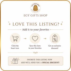 May include: A square graphic with a gold border featuring the EGY GIFTS SHOP logo at the top. The text reads LOVE THIS LISTING? Add it to your favorites. It includes three icons: a shopping cart with a heart, a heart, and a price tag with a percent sign.