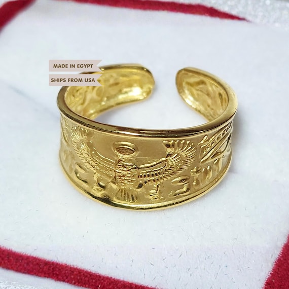 Horus Eagle 18K Gold ring | Egyptian majestic falcon Jewelry | adjustable Open ring | Ra Eye engraved Pharaonic Ring | gold symbolic gift
