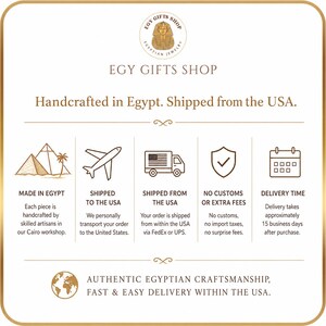 May include: An informational graphic for Egy Gifts Shop featuring a logo with a pharaoh icon, text detailing handcrafted Egyptian jewellery, and five icons representing pyramids, an aeroplane, a delivery truck, a shield with a tick, and a calendar.